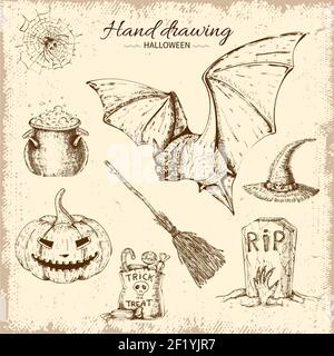 Halloween handgezeichnetes Design mit Feiertags-Elementen und Tieren auf Grunge Hintergrund Vektor Illustration Stock Vektor