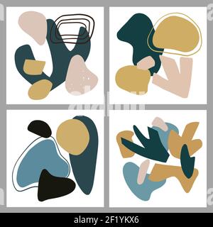 Set von zeitgenössischen minimalistischen Kompositionen mit geometrischen und botanischen Formen. Dekorative Elemente im Boho-Stil. Vektorgrafik Stock Vektor