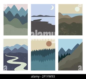 Großes Set abstrakter minimalistischer Wandposter mit Naturlandschaften, Meer, Bergen, Fluss und Wald. Vektorgrafik Stock Vektor
