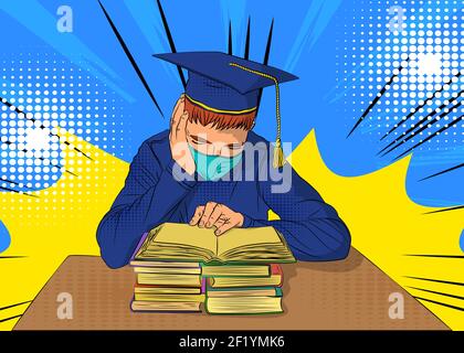 Männliche Student Vorbereitung für Prüfungen mit einer Menge von Büchern, trägt Graduierungskappe und Maske. Hochschulabschluss oder Abitur. Comic-Stil Stock Vektor