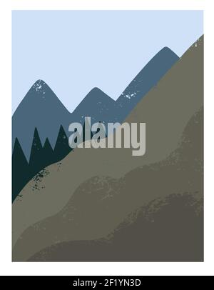 Abstraktes Boho Wandposter mit Berglandschaft im minimalistischen Stil. Vektorgrafik Stock Vektor