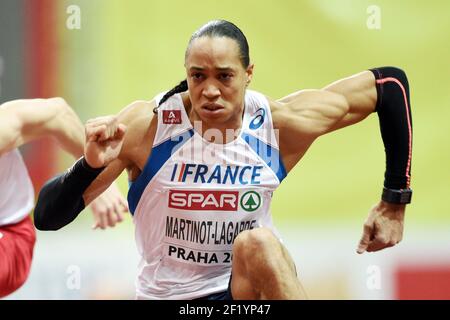 Der französische Athlet Pascal Martinot-Lagarde tritt bei den 60m Hürden der Leichtathletik-Halleneuropameisterschaften am 6. März 2015 in der Arena O2 in Prag, Tschechien, an. Foto Philippe Millereau / KMSP / DPPI Stockfoto