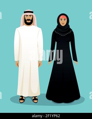 Traditionelle arabische Kleidung. Arabischer Mann und arabische Frau. Ost-muslim, Kultur und Kleidung, Vektor-Illustration Stock Vektor