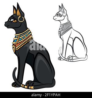 Ägypten Katze Göttin bastet. Ägyptischer gott, alte Figur sitzend, schwarze Statue feline, Souvenir Statuette, Vektor-Illustration Stock Vektor