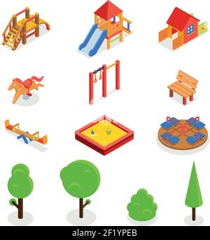 Kinder isometrischer 3D Spielplatz. Icon Set Bank Karussell Folie, Schaukel Wippe und Sandkasten, Vektor-Illustration Stock Vektor