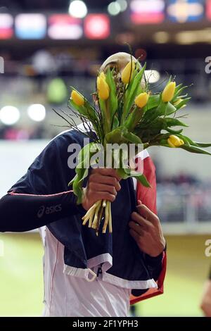 Der französische Athlet Pascal Martinot Lagarde nach dem 60m Hürdenfinale der Leichtathletik-Halleneuropameisterschaften am 6. März 2015 in der Arena O2 in Prag, Tschechische Republik. Foto Philippe Millereau / KMSP / DPPI Stockfoto