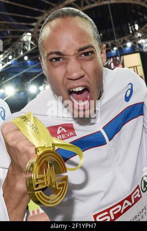 Der französische Athlet Pascal Martinot Lagarde (Goldmedaille), reagiert nach dem Podium 60m Hürden Männer der Leichtathletik-Halleneuropameisterschaften, am 7. März 2015, in der Arena O2 in Prag, Tschechische Republik. Foto Philippe Millereau / KMSP / DPPI Stockfoto
