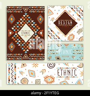 Ethnische Kunst Stil Banner Illustration Set. Abstrakte Tribal Dekoration, geometrische Form Doodle Vorlage Bündel für Mode-Präsentation oder afrikanische Cultu Stock Vektor