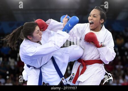Lucie Ignace von Frankreich tritt in Karate, Frauen Kumite -61kg während der Europäischen Olympischen Spiele 1st 2015 in Baku, Aserbaidschan, Tag 1, am 13. Juni 2015 - Foto Philippe Millereau / KMSP / DPPI Stockfoto