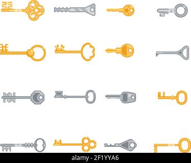 Flache Symbole für Tasten gesetzt. Sicherheit und Zugang, Metall antik Personal. Vektorgrafik Stock Vektor