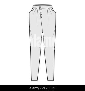 Tapered Baggy Pants technische Mode Illustration mit niedriger Taille, Bund, Eingrifftaschen, drapiert vorne, volle Längen. Kleidungsschablone mit flachem Boden, graue Farbe. Frauen, Männer, Unisex CAD Mockup Stock Vektor