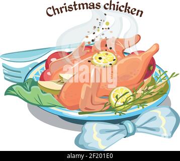 Farbige Skizze Weihnachten gebratenes Huhn Vorlage mit Zitronen Lebensmittel Gewürze Salatblätter und Gewürze auf Teller Vektorgrafik Stock Vektor