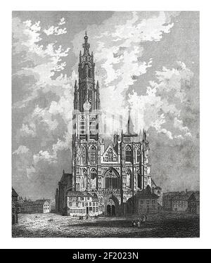 19th-Jahrhundert-Illustration der Kathedrale unserer Lieben Frau in Antwerpen, Belgien. Veröffentlicht in Systematischer Bilder-Atlas zum Conversations-Lexikon, Ikonograph Stockfoto