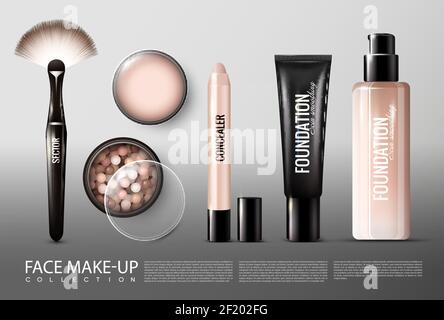 Foundation Cosmetology Produkte realistische Kollektion mit Pinsel Concealer Lipgloss Haut Feuchtigkeitscreme und Creme isoliert Vektor Illustration Stock Vektor