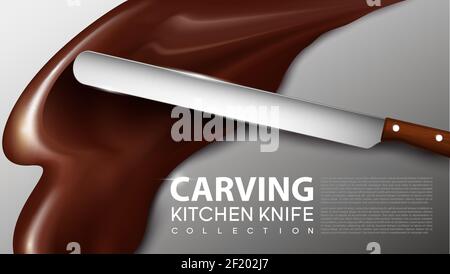 Realistisches Schnitzmesser-Konzept mit scharfer Klinge und Holz Griff auf Schokolade Splash Hintergrund Vektorgrafik Stock Vektor