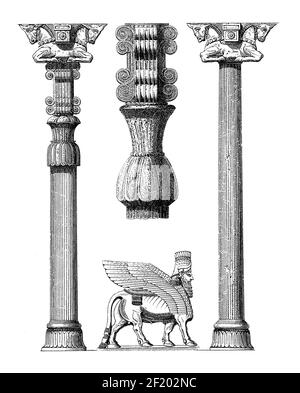 Antike Illustration von Säulen in Persepolis. Veröffentlicht in Systematischer Bilder-Atlas zum Conversations-Lexikon, Ikonographische Enzyklopädie der W Stockfoto