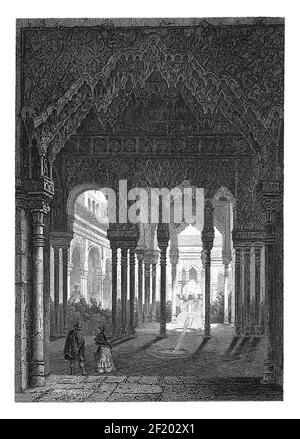 Antike Illustration des Löwenhofs in Alhambra aus dem 19. Jahrhundert. Veröffentlicht in Systematischer Bilder-Atlas zum Conversations-Lexikon, Ikonograp Stockfoto