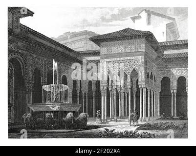 Antike Gravur des Löwenhofs in Alhambra. Veröffentlicht in Systematischer Bilder-Atlas zum Conversations-Lexikon, Ikonographische Encyklopa Stockfoto