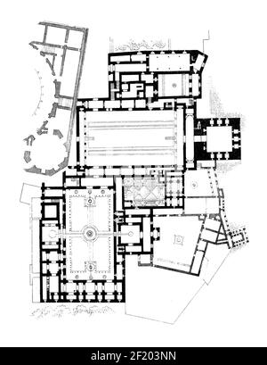 19th-Jahrhundert-Illustration des Grundrisses der Alhambra. Veröffentlicht in Systematischer Bilder-Atlas zum Conversations-Lexikon, Ikonographische Encyklopedie Stockfoto