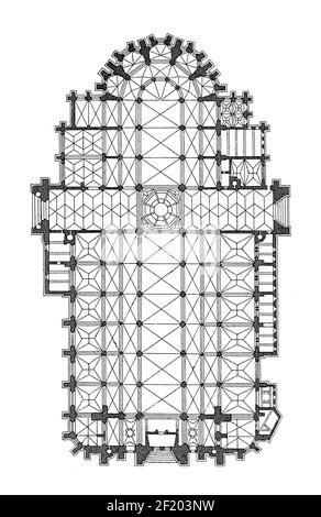 19th-Jahrhundert-Gravur des Grundrisses der Kathedrale unserer Lieben Frau in Antwerpen, Belgien. Veröffentlicht in Systematischer Bilder-Atlas zum Conversations-Lexikon, Stockfoto