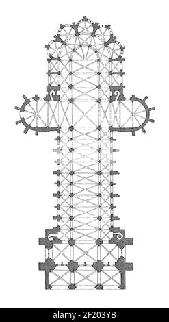 Antike 19th-Jahrhundert-Illustration des Grundrisses der Kathedrale von Noyon. Veröffentlicht in Systematischer Bilder-Atlas zum Conversations-Lexikon, ikonographisch Stockfoto