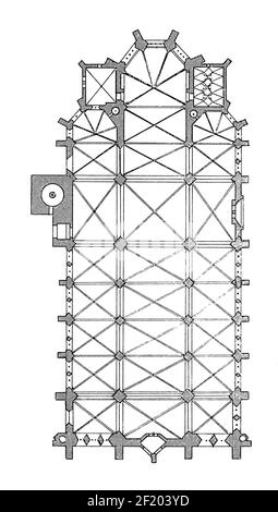 Antike 19th-Jahrhundert-Illustration des Grundrisses des Regensburger Doms. Veröffentlicht in Systematischer Bilder-Atlas zum Conversations-Lexikon, Ikonograp Stockfoto