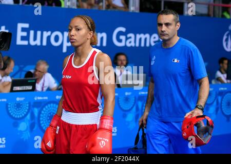 Estelle Mossy von Frankreich tritt im Boxing Women's Light (57-60kg) gegen Tasheena Bugar von Deutschland während der Europäischen Spiele 1st 2015 in Baku, Aserbaidschan, Tag 14, am 26. Juni 2015 - Foto Julien Crosnier / KMSP / DPPI Stockfoto