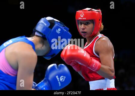 Estelle Mossy von Frankreich tritt im Boxing Women's Light (57-60kg) gegen Tasheena Bugar von Deutschland während der Europäischen Spiele 1st 2015 in Baku, Aserbaidschan, Tag 14, am 26. Juni 2015 - Foto Julien Crosnier / KMSP / DPPI Stockfoto