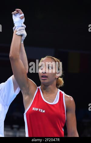 Estelle Mossy von Frankreich tritt im Boxing Women's Light (57-60kg) gegen Tasheena Bugar von Deutschland während der Europäischen Spiele 1st 2015 in Baku, Aserbaidschan, Tag 14, am 26. Juni 2015 - Foto Julien Crosnier / KMSP / DPPI Stockfoto