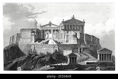 Stich der Akropolis von Athen aus dem 19. Jahrhundert. Veröffentlicht in Systematischer Bilder-Atlas zum Conversations-Lexikon, Ikonographische Encyklopedie d Stockfoto