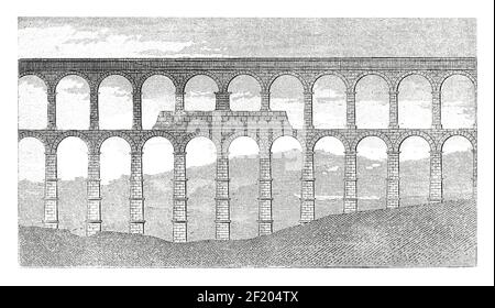 Antiker 19th-Jahrhundert Stich eines Aquädukts in Segovia. Veröffentlicht in Systematischer Bilder-Atlas zum Conversations-Lexikon, Ikonographische Encyklop Stockfoto