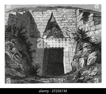 Antike Illustration der Schatzkammer von Atreus aus dem 19. Jahrhundert. Veröffentlicht in Systematischer Bilder-Atlas zum Conversations-Lexikon, Ikonographische Encyk Stockfoto