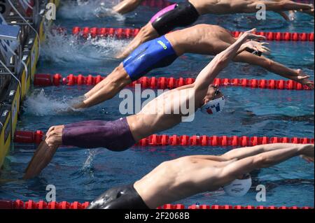 Camille Lacourt (FRA) tritt auf 50 m Backstroke während der Open de France 9th 2015 Vichy Val d'Allier, im Stade Aquatique, in Bellerive-sur-Allier, Frankreich, am 4.-5. Juli, 2015 - Foto Stephane Kempinaire / KMSP / DPPI - Stockfoto