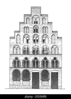 Antike 19th-Jahrhundert-Gravur von Haus in Köln. Veröffentlicht in Systematischer Bilder-Atlas zum Conversations-Lexikon, Ikonographische Encyklopedie Stockfoto