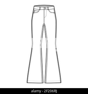 Jeans ausgestellter Boden Denim Hose technische Mode Illustration mit voller Länge, niedrige Taille, 5 Taschen, Nieten. Flatbottom Bekleidungsvorlage vorne, weiß, Farbstil. Frauen, Männer, Unisex CAD Mockup Stock Vektor