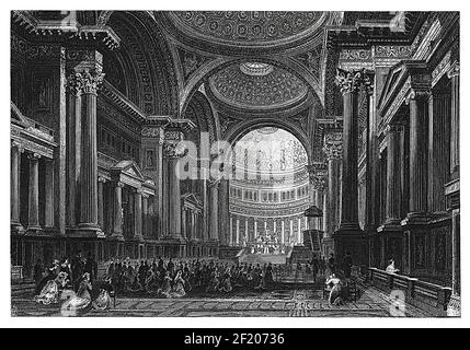 Antike 19th-Jahrhundert-Illustration des Innenraums von Eglise de la Madeleine in Paris, Frankreich. Veröffentlicht in Systematischer Bilder-Atlas zum Conversations-L Stockfoto