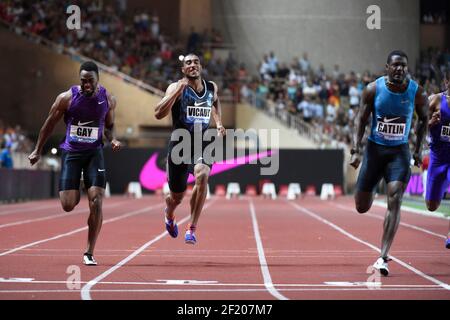 Tyson Gay of United States, Jimmy Vicaut von Frankreich und Justin Gatlin von USA konkurrieren in 100m Männern während der Internationalen Leichtathletik-Meeting Herculis, IAAF Diamond League, Monaco am 17. Juli 2015 im Louis II Stadion in Monaco, Frankreich - Foto Jean-Marie Hervio / KMSP / DPPI Stockfoto