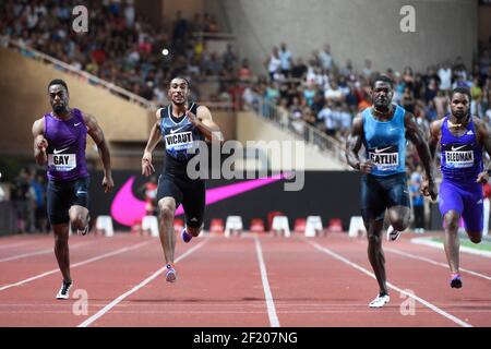 Tyson Gay of United States, Jimmy Vicaut von Frankreich und Justin Gatlin von USA konkurrieren in 100m Männern während der Internationalen Leichtathletik-Meeting Herculis, IAAF Diamond League, Monaco am 17. Juli 2015 im Louis II Stadion in Monaco, Frankreich - Foto Jean-Marie Hervio / KMSP / DPPI Stockfoto