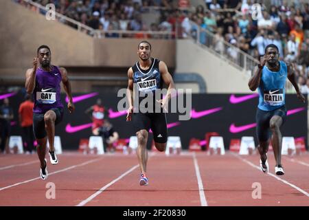 Tyson Gay of United States, Jimmy Vicaut von Frankreich und Justin Gatlin von USA konkurrieren in 100m Männern während der Internationalen Leichtathletik-Meeting Herculis, IAAF Diamond League, Monaco am 17. Juli 2015 im Louis II Stadion in Monaco, Frankreich - Foto Jean-Marie Hervio / KMSP / DPPI Stockfoto