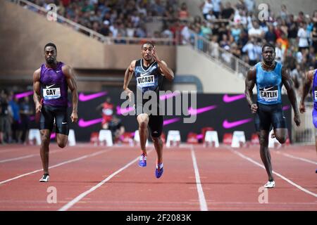 Tyson Gay of United States, Jimmy Vicaut von Frankreich und Justin Gatlin von USA konkurrieren in 100m Männern während der Internationalen Leichtathletik-Meeting Herculis, IAAF Diamond League, Monaco am 17. Juli 2015 im Louis II Stadion in Monaco, Frankreich - Foto Jean-Marie Hervio / KMSP / DPPI Stockfoto