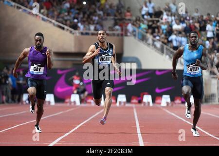 Tyson Gay of United States, Jimmy Vicaut von Frankreich und Justin Gatlin von USA konkurrieren in 100m Männern während der Internationalen Leichtathletik-Meeting Herculis, IAAF Diamond League, Monaco am 17. Juli 2015 im Louis II Stadion in Monaco, Frankreich - Foto Jean-Marie Hervio / KMSP / DPPI Stockfoto