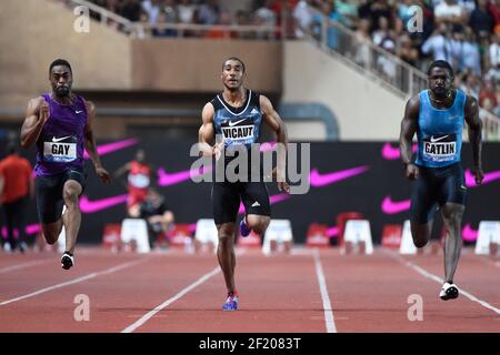 Tyson Gay of United States, Jimmy Vicaut von Frankreich und Justin Gatlin von USA konkurrieren in 100m Männern während der Internationalen Leichtathletik-Meeting Herculis, IAAF Diamond League, Monaco am 17. Juli 2015 im Louis II Stadion in Monaco, Frankreich - Foto Jean-Marie Hervio / KMSP / DPPI Stockfoto