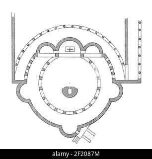 Antike Illustration eines Plans der Grabeskirche in Jerusalem im 7. Jahrhundert. Veröffentlicht in Systematischer Bilder-Atlas Stockfoto