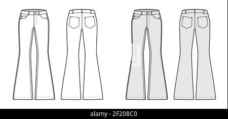 Jeans ausgestellter Boden Denim Hose technische Mode Illustration mit voller Länge, niedrige Taille, Bund, 5 Taschen. Flatbottom Bekleidungsvorlage vorne hinten, weiß, grau Farbe. Frauen, Männer, Unisex CAD Mockup Stock Vektor