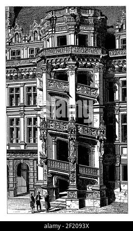 Antike Illustration der Wendeltreppe des Chateau de Blois in Loir-et-Cher, Frankreich. Veröffentlicht in Systematischer Bilder-Atlas zum Conversations-L Stockfoto