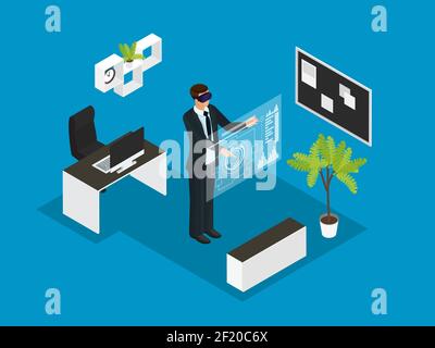Isometrisches Business People Konzept mit Business in Virtual Reality Headset Arbeiten im Büro isolierte Vektor-Illustration Stock Vektor
