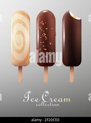 Realistisches klassisches Eis eskimo Set mit weißer Milch und Dunkle Schokolade Glasuren isoliert Vektor-Illustration Stock Vektor