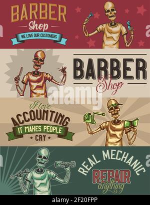 Web-Banner-Vorlage mit Illustrationen von Skelett Friseur, Mechaniker und Buchhalter. Stock Vektor