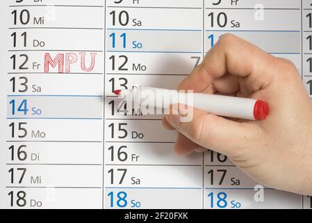 Kalender und Termin für medizinisch-psychologische Untersuchung Stockfoto