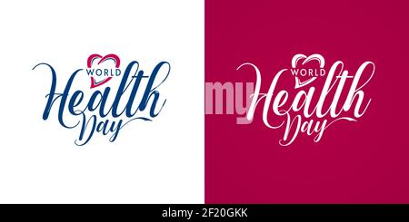 Weltgesundheitstag kalligrafischer Schriftzug mit Herzformen. Designs mit dem Health Logo. Stock Vektor